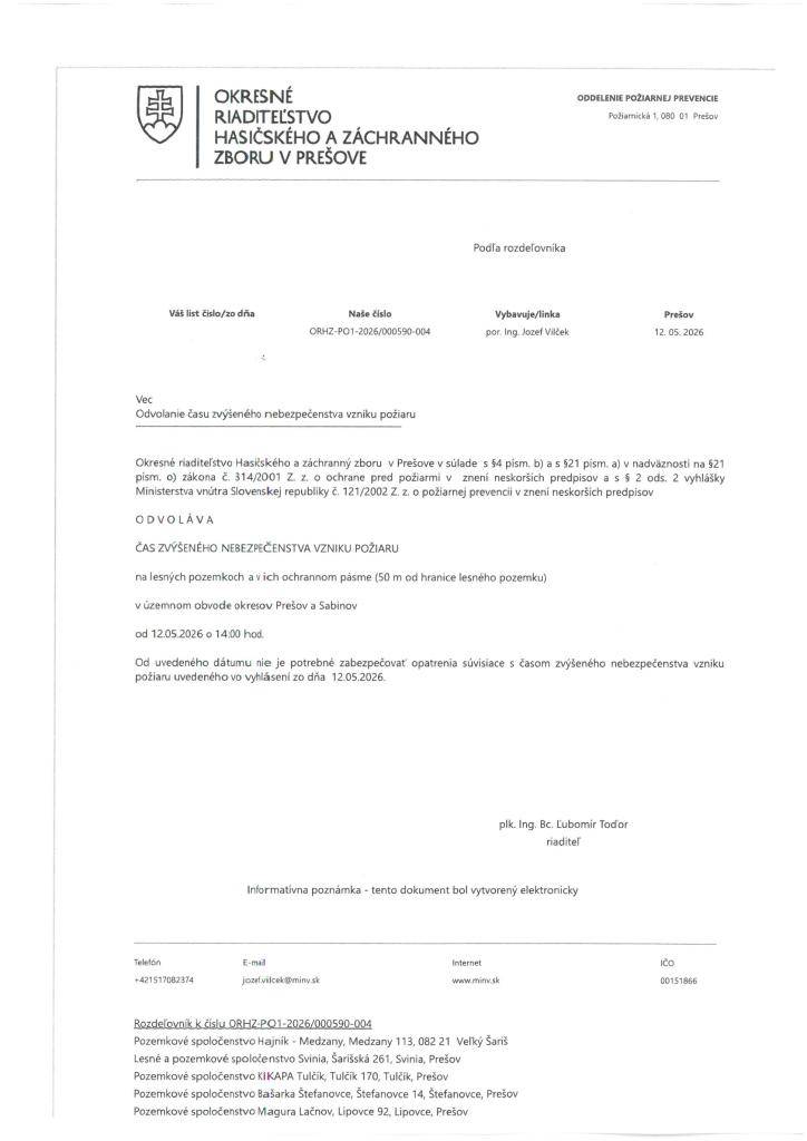 Odvolanie času zvýšeného nebezpečenstva vzniku požiaru