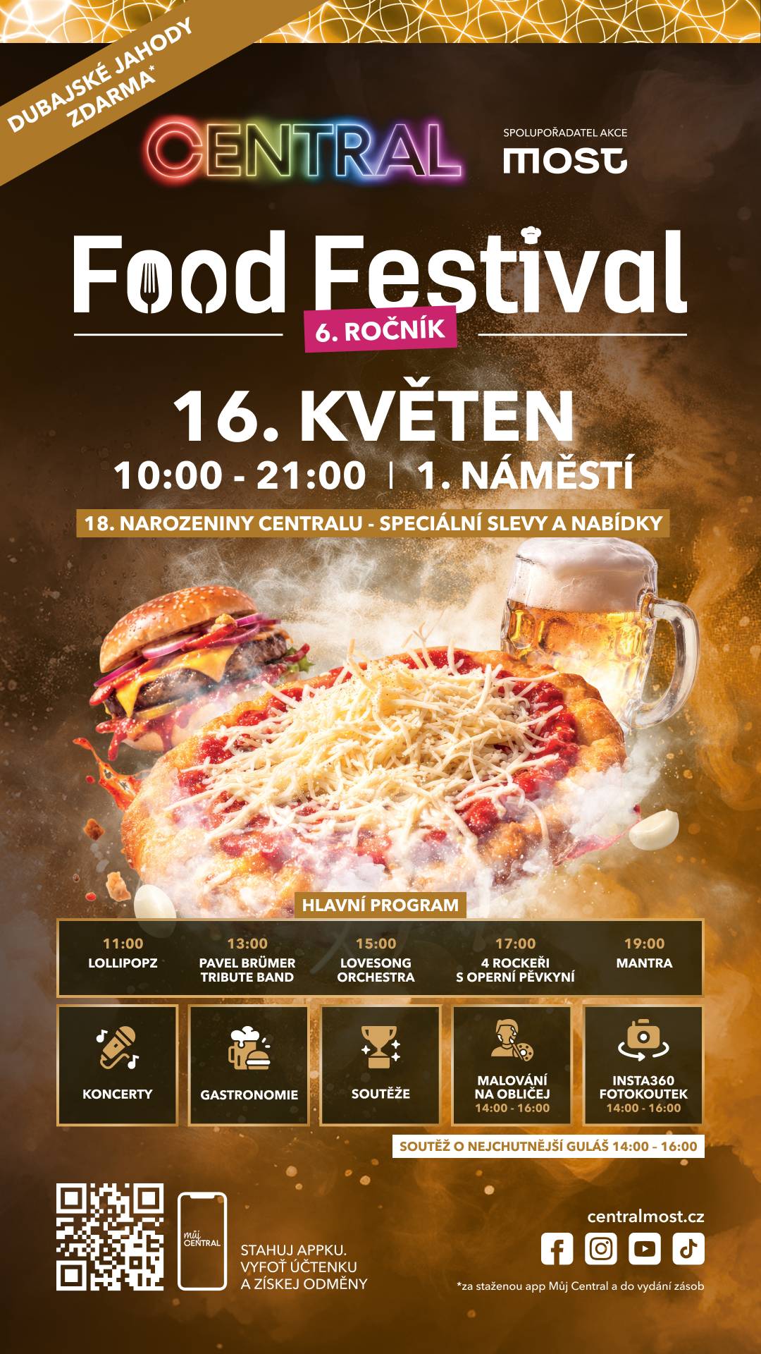 Již tuto sobotu 16. 5. 2026 od 10:00 do 21:00 Vás zveme na 1. náměstí na 6. ročník oblíbeného Food Festivalu. Těšíme se na Vás. Vstup: volný Více informací zde.
