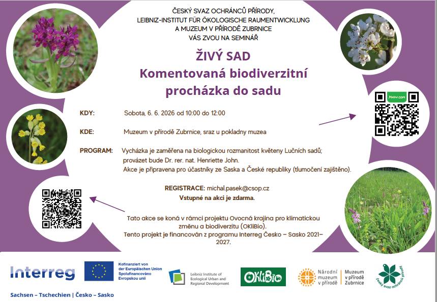 Zveme vás na seminář Živý sad, který se uskuteční v sobotu 6. června 2026 od 10:00 do 12:00 v Muzeu v přírodě Zubrnice. Akce, která se zaměřuje na biologickou rozmanitost květeny Lučních sadů, bude vedena Dr. rer. nat. Henriette John a je otevřena pro účastníky z obou zemí. Vstupné je zdarma a regis