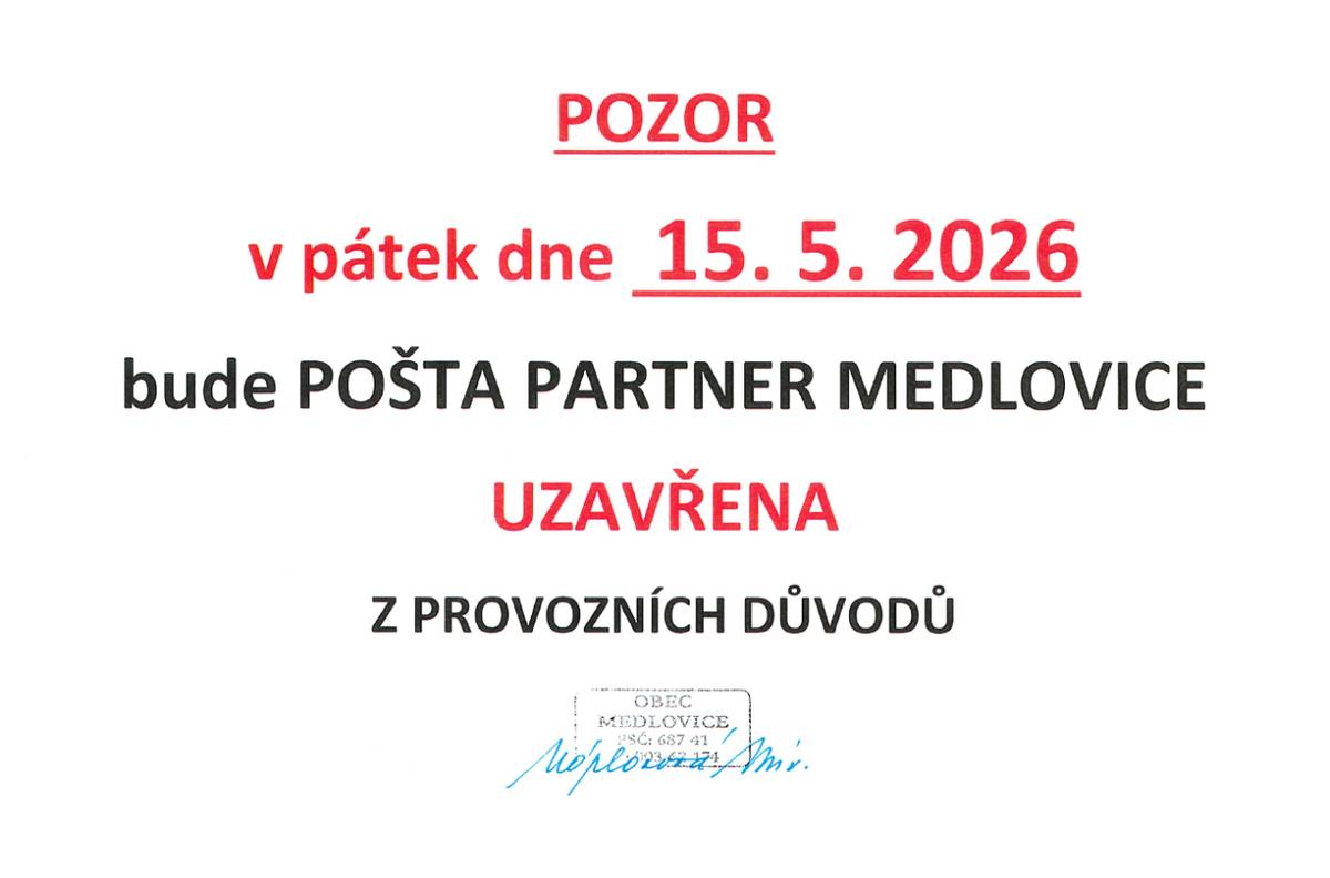 V pátek 15. května 2026 bude pošta Partner uzavřena, z provozních důvodů.