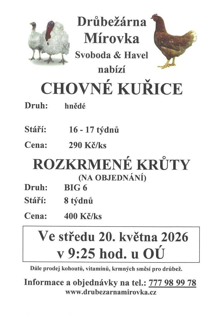 Drůbežárna Mírovka Svoboda a Havel bude ve středu 20. května 2026 v 9:25 hodin u obecního úřadu prodávat:chovné hnědé kuřice  stáří 16–17 týdnů  cena 290 Kč/ks  rozkrmené krůty BIG 6 (na objednávku)  stáří 8 týdnů  cena 400 Kč/ks