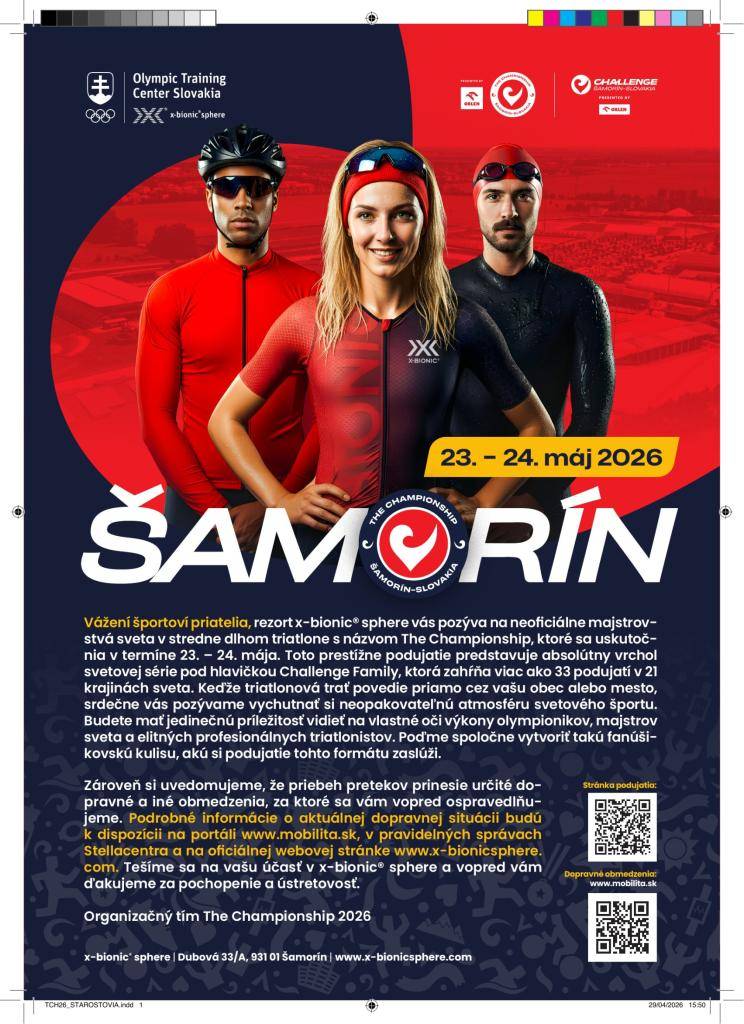 Rezort x-bionic® sphere pozýva na neoficiálne majstrovstvá sveta v stredne dlhom triatlone s názvom The Championship, ktoré sa uskutočnia 23. a 24. mája 2026. Podujatie prinesie jedinečné športové zážitky a vyžaduje si aj dodatočné dopravné obmedzenia.