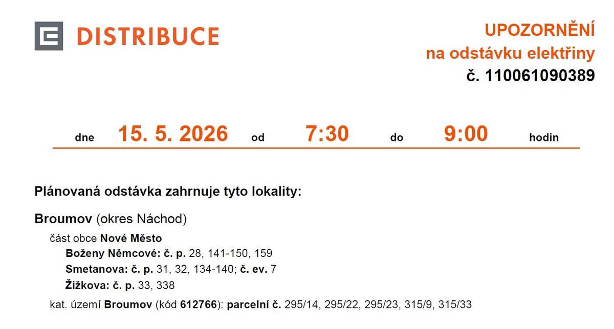 Předáváme informaci o odstávce elekřiny dne 15.05.2026.