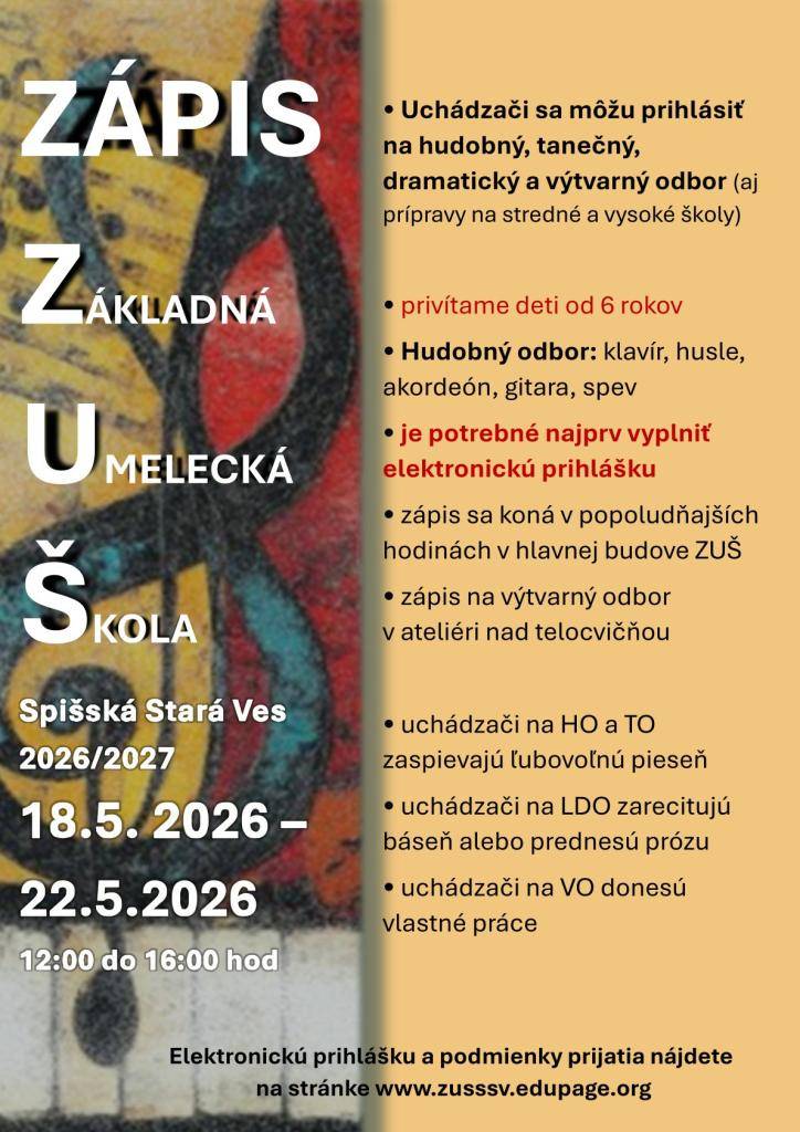 Zápis do ZUŠ v Sp. St. Vsi bude v týždni od 18. mája 2026 - 22. mája 2026