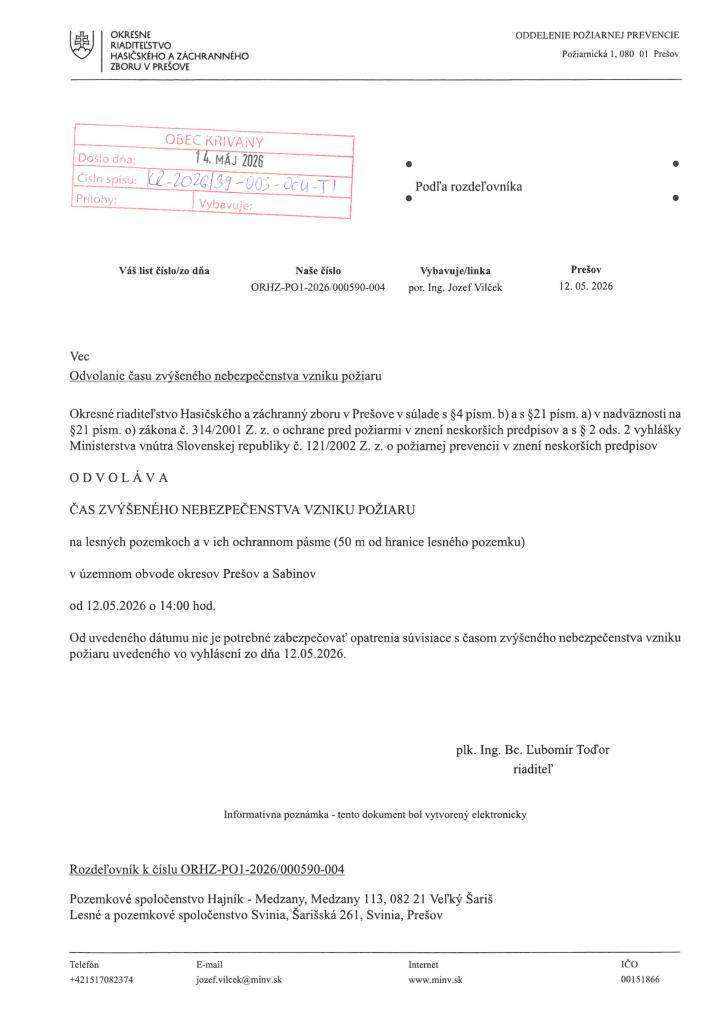 Odvolanie času zvýšeného nebezpečenstva vzniku požiaru