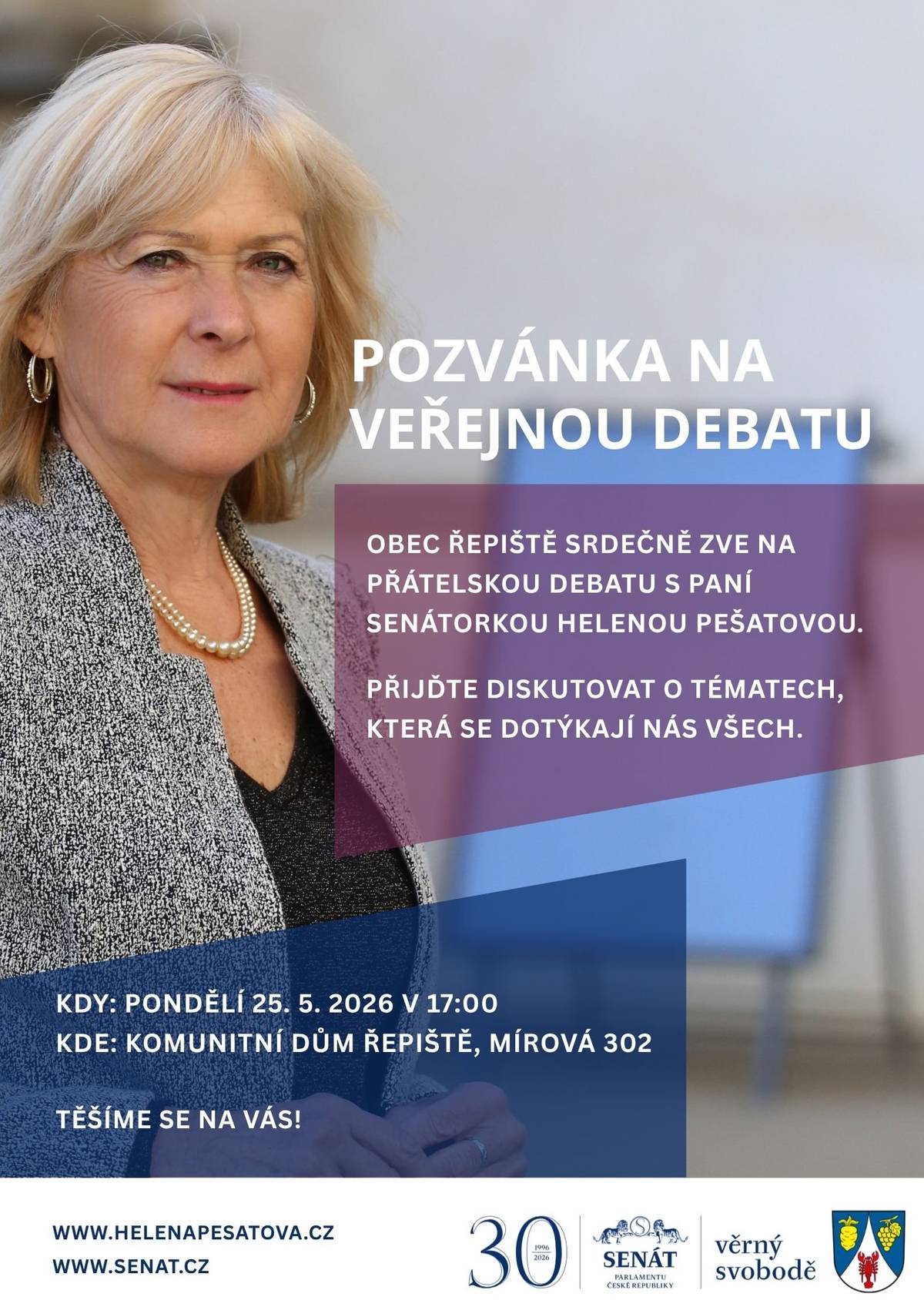 Obec Řepiště zve občany na veřejnou debatu s paní senátorkou RNDr. Helenou Pešatovou. Setkání se uskuteční v pondělí 25. května od 17.00 hodin v Komunitním domě Řepiště na adrese: Mírová 302, Řepiště. Hlavními tématy budou ochrana vody a doprava v našem regionu, pokrytí mobilním signálem aj. Srdečně zveme všechny, kteří mají zájem se zapojit do diskuze o aktuálních otázkách našeho regionu.