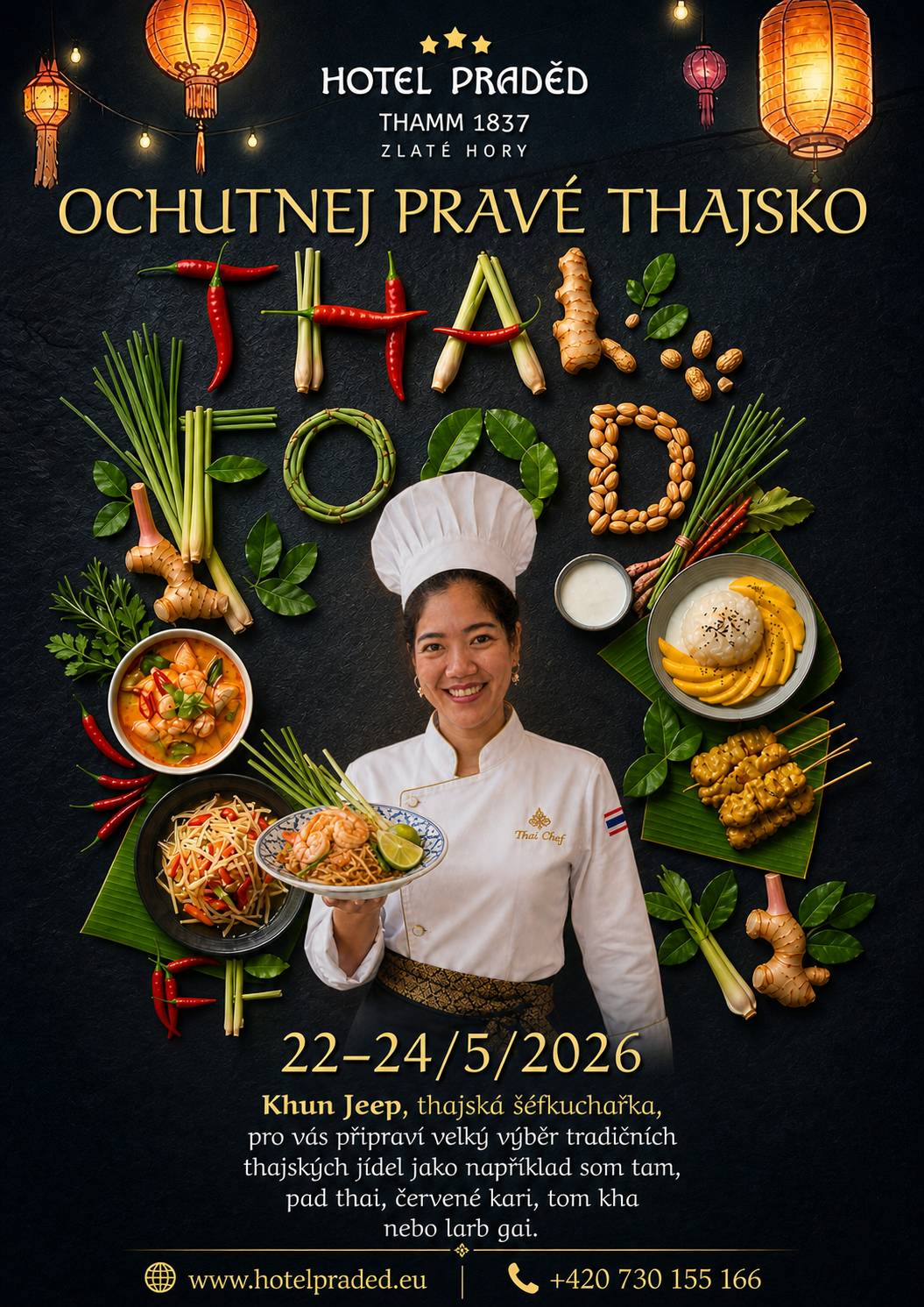 Ochutnej pravé Thajsko v Jeseníkách! Zveme vás na vyjímečný víkend plný exotických chutí. Naši kuchyni ovládne thajská šéfkuchařka Khun Jeep, která připraví autentické thajské speciality podle tradičních receptur 22.–24. května 2026 Těšte se na: som tam pad thai červené kari tom kha larb gai   Doporučujeme rezervaci na: +420 730 155 166.