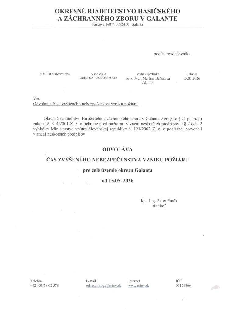 Odvolanie času zvýšeného nebezpečenstva vzniku požiaru  Tűzveszélyes időszak visszavonása