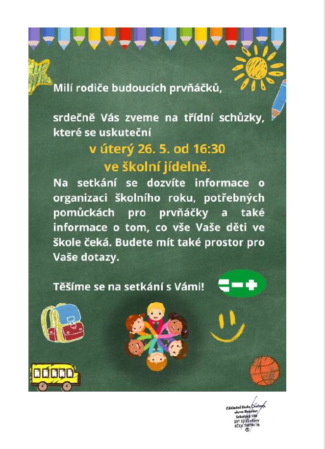 ZŠ Čerčany zve k první třídní schůzce budoucích prvňáčků konané dne 26.5. od 16:30 hod.