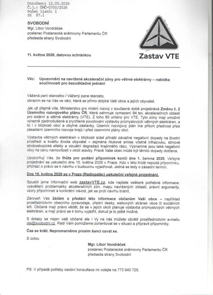 Upozornění na navržené akcelerační zóny pro větrné elektrárny