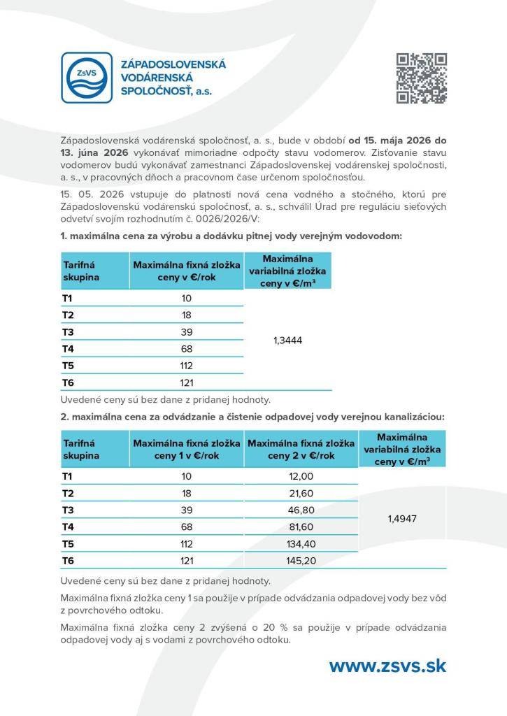 Západoslovenská vodárenská spoločnosť, a. s., vykoná od 15. mája do 13. júna 2026 mimoriadne odpočty stavu vodomerov v pracovných dňoch počas určeného časového rámca.