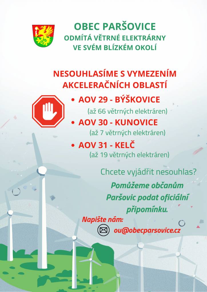 Zastupitelstvo obce Paršovice na veřejném projednání, které se konalo 13. května 2026, vyjádřilo nesouhlas s vymezením akceleračních oblastí pro větrné elektrárny. Navržené oblasti Býškovice, Kunovice a Kelč by mohly mít negativní dopady na krajinný ráz a kvalitu života obyvatel.