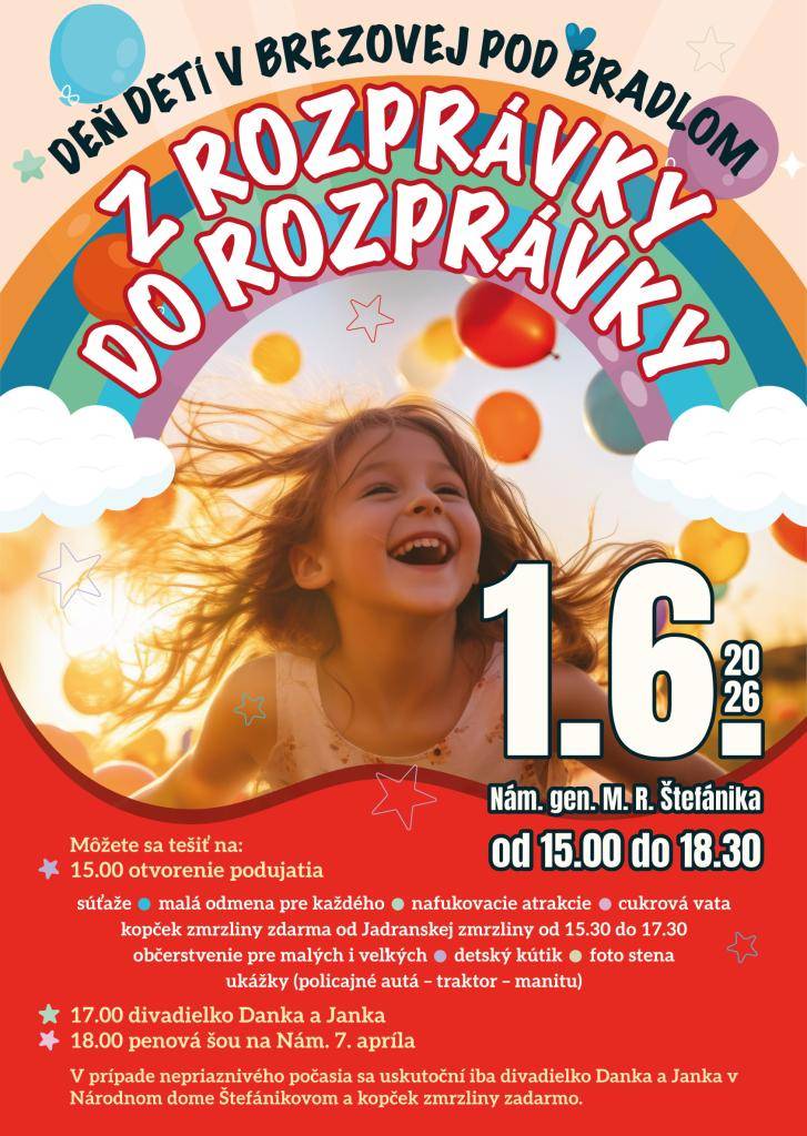 1. júna 2026 Námestie gen. M. R. Štefánika od 15.00 do 18.30 hod.  Srdečne vás pozývame.