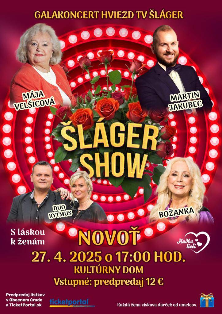 Pozývame vás na galakoncert hviezd TV Šláger.   Vysúpia Mája Velšicová, Martin Jakubec, DUO Rytmus, Božanka.  Kde: Novoť, kultúrny dom  Kedy: 27.4.2025 o 17:00 hod.  Vstupné: predpredaj 12 €    Predpredaj lístkov na Obecnom úrade Novoť a TicketPortal.sk