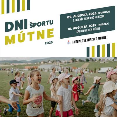 Pozývame vás na dni športu, ktorý sa bude konať už nasledujúci víkend.  9. august (sobota) - 3. ročník Behu pod Pilskom  10. august (nedeľa) - Športový deň Mútne  Viac informácií na priložených plagátoch.
