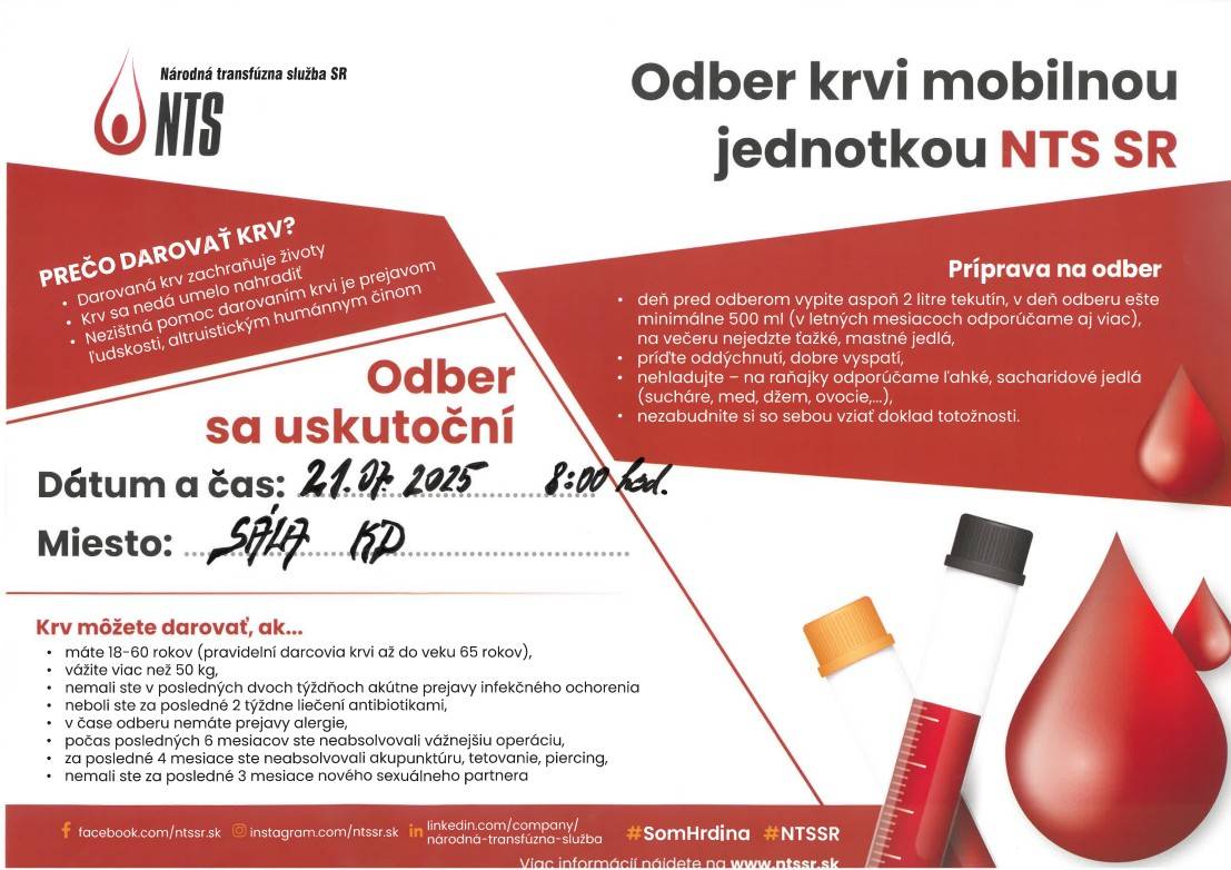 Národná transfúzna stanica (NTS) SR oznamuje, že dňa 21.7.2025 v čase od 8:00 sa uskutoční odber krvi v Sále KD v Mútnom.