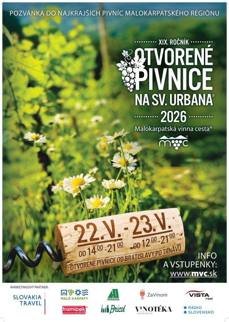 Združenie Malokarpatská vínna cesta® Vás srdečne pozýva na 19. ročník Otvorených pivníc na sv. Urbana®, ktorý sa uskutoční v dňoch 22. a 23. mája 2026.