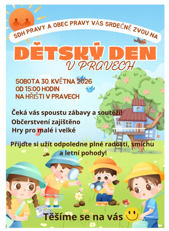 V sobotu 30. 5. 2026 se na dětském hřišti uskuteční dětský den od 15 hodi
