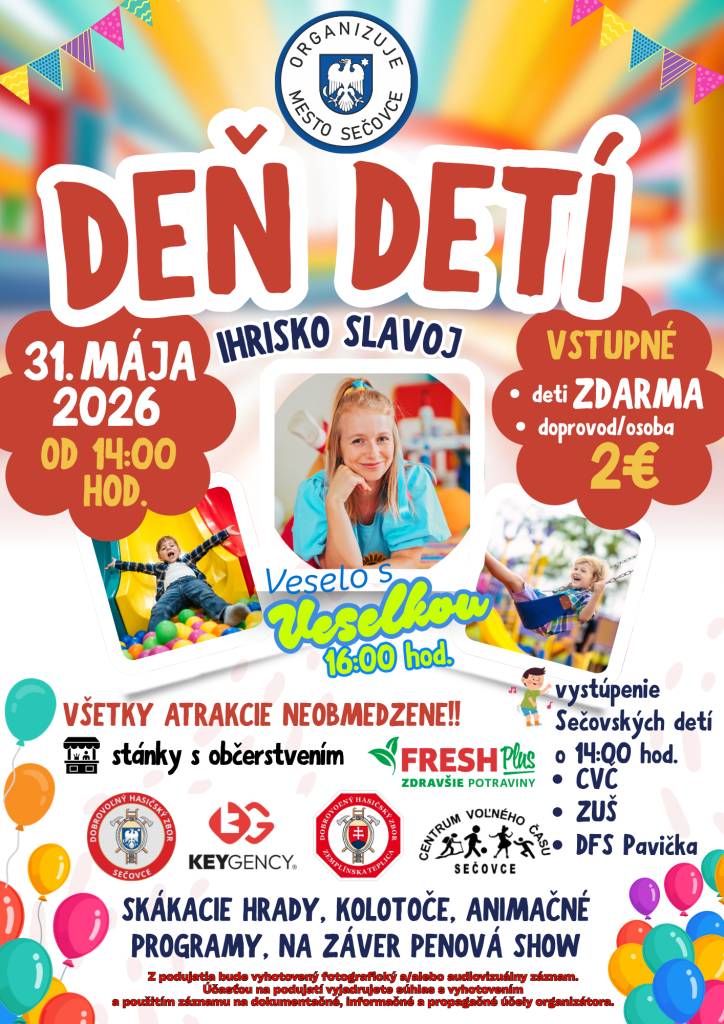 Mesto Sečovce pozýva všetky deti na oslavu Medzinárodného dňa detí. Príďte so svojimi ratolesťami prežiť popoludnie plné smiechu, radosti a detských úsmevov!