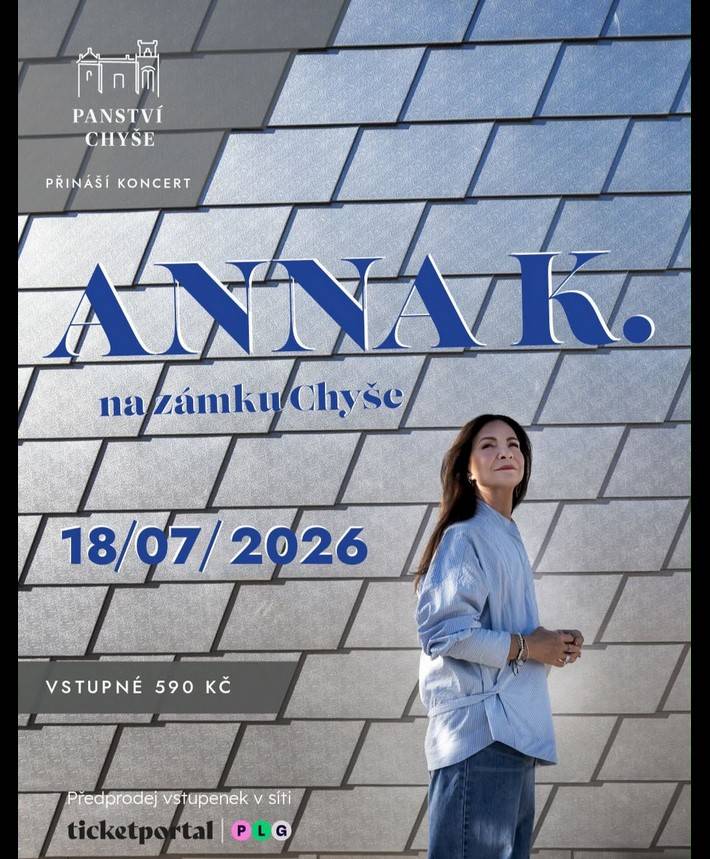 Anna K. na zámku Chyše! ✨Nenechte si ujít jedinečný hudební zážitek v romantickém prostředí Panství Chyše. Doražte v sobotu 18. července 2026 a užijte si koncert pod širým nebem plný známých hitů. Výjimečná atmosféra zaručena!