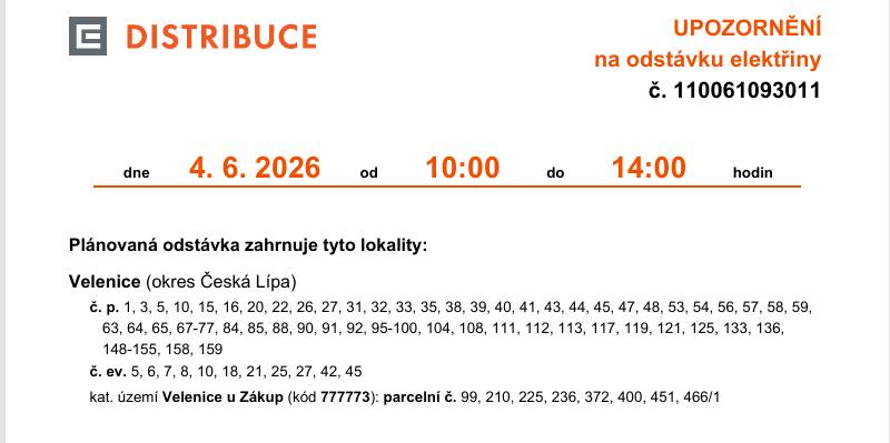 odstávka elektřiny Dobrý den,  dne 4.června od 10:00 do 14:00 hodin proběhne odstávka elektřiny viz příloha. Obecní úřad