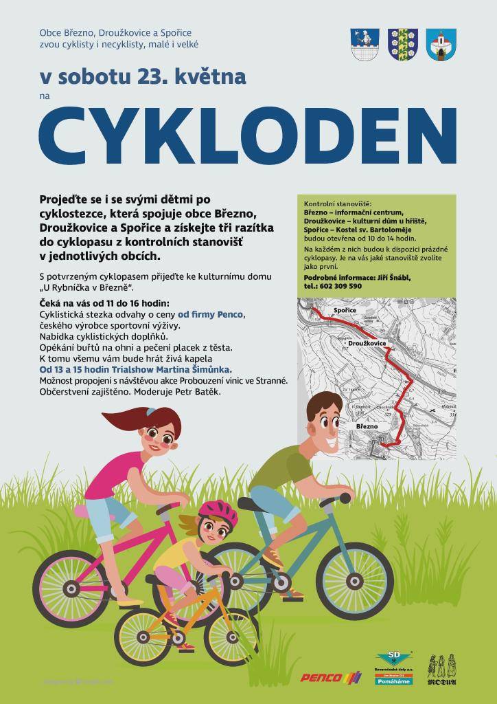Obce Březno, Droužkovice a Spořice zvou všechny velké a malé cyklisty na Cykloden, který se koná 23.05.2026. Projížďka bude po cyklostezce, která spojuje obce Březno, Droužkovice a Spořice.
