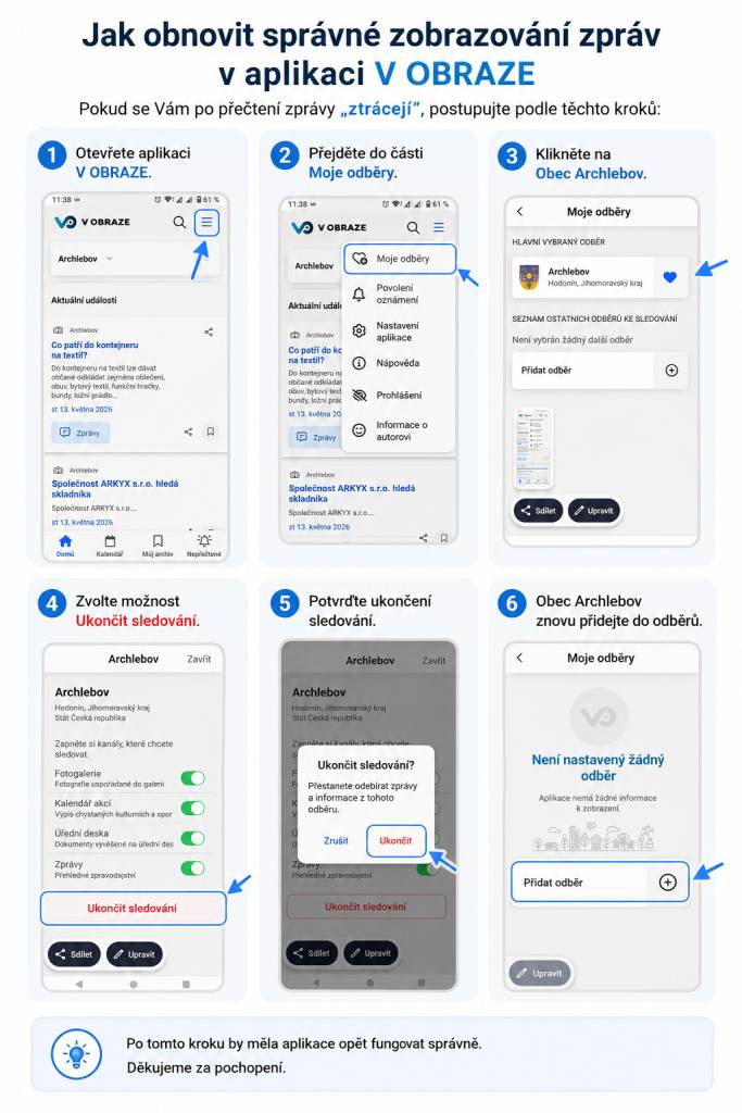 Vážení občané,  pokud se Vám v mobilní aplikaci V OBRAZE po přečtení zprávy následně „ztrácejí“ a nejsou již viditelné, doporučujeme provést jednoduchou úpravu v nastavení aplikace: