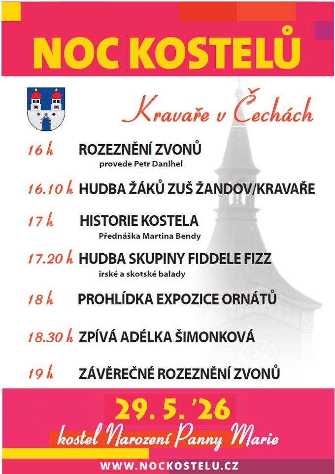 Zveme na noc kostelů do kravařského kostela Narození Panny Marie dne 29.5.2026, začátek od 16h.