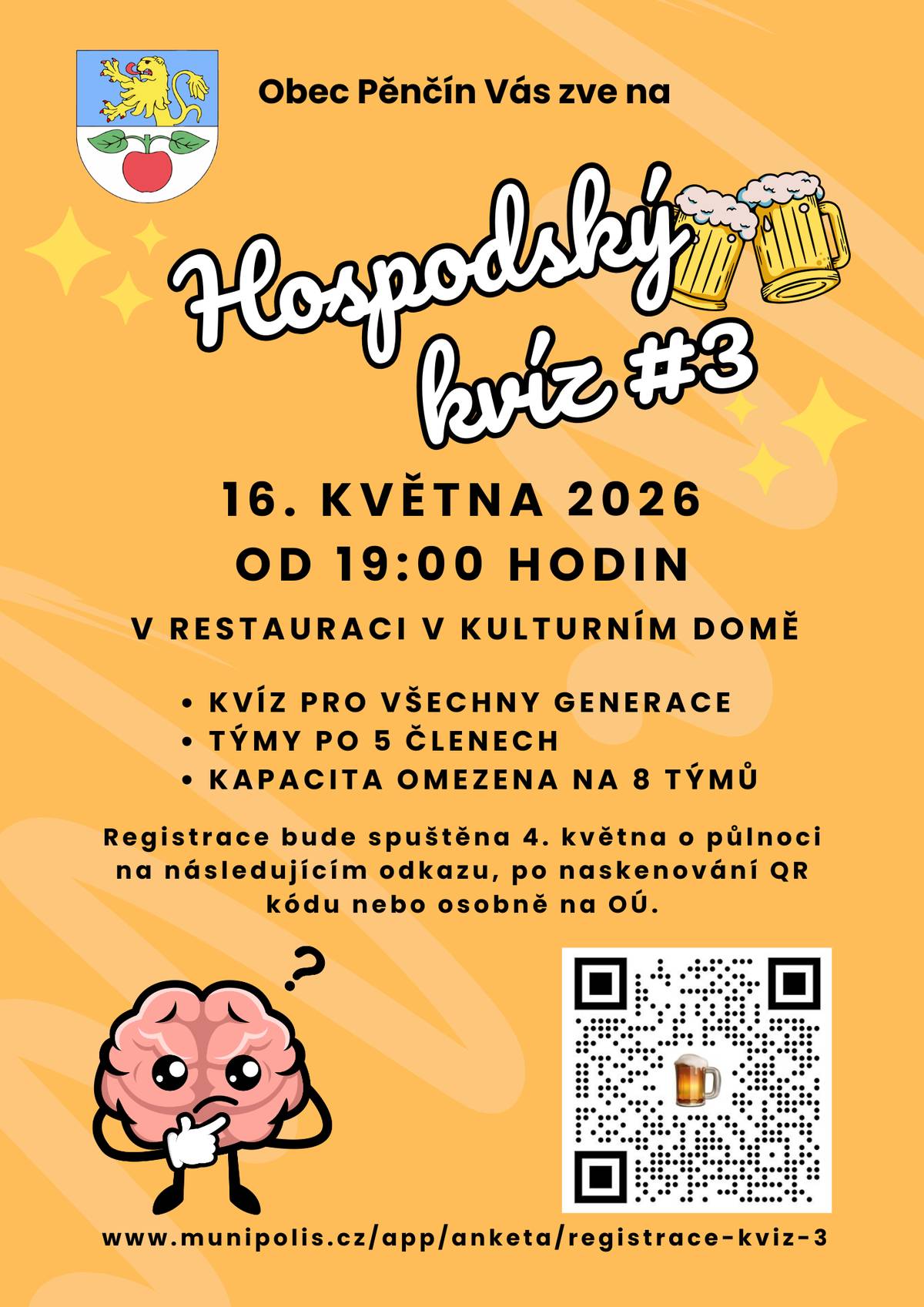 Zveme vás dnes na PĚNČÍNSKÝ HOSPODSKÝ KVÍZ  v "zavřené hospodě" KD, kterou pro tento večer otevíráme i pro nesoutěžící. Přijďte si zasoutěžit, pobavit se a třeba se i něco nového dozvědět. Kdo by nechtěl soutěžit, může přijít jen tak na pivo, podporovat, fandit, ale neradit. Těšit se můžete na čepovaného Kozla, víno, nealko a něco malého ze studené kuchyně. 🧠 Kvíz proběhne v sobotu 16. 5. od 19:00 a hospodu otevíráme už od 18h. 📺O přestávkách a po vyhlášení výsledků promítáme hokej 🏒🇸🇮 vs 🇨🇿 !