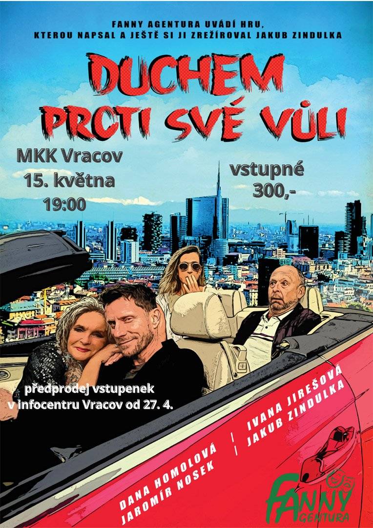 🎟️🕊️ Duchem proti své vůli - divadelní představení - 15. 5. 2026 MKK Vracov si pro Vás připravilo divadelní duchařskou komedii Duchem proti své vůli v pátek 15. 5. 2026 od 19.00 v kinosále kulturního domu ve Vracově. V hlavních rolích se Vám představí Dana Homolová, Jaromír Nosek, Ivana Jirešová a Jakub Zindulka. Vstupné je 300 Kč. Předprodej vstupenek je ve vracovském infocentru.   ✨👠Travesti show - Divoké kočky - 21. 5. 2026 🎤💃 Travesti skupina Divoké kočky z Ostravy přijíždí se svým celovečerním programem v rámci svého turné do Vracova, kde vystoupí 21. 5. 2026 od 19:00 v kinosále MKK Vracov. Délka programu s přestávkou 150 min. Předprodej vstupenek na smsticket.cz   🚂🏰Provozní den Železnice 600 - 24. 5. 2026 Kolektiv Železnice 600 Vás srdečně zve na svůj provozní den v neděli 24. 5. 2026 od 14.00 do 18.00 v areálu ulice Dubová. Děti se mohou těšit na svezení vláčkem, skákací hrad, houpačky a mnoho dalšího. Občerstvení je zajištěno. Ověření konání akce a více info na www.zeleznice600.cz   🎭🍽️Divadelní představení - Blbec k večeři - 24. 5. 2026✨ Ochotnické divadlo NEJENXMÍCHU Vás zve na divadelní představení Blbec k večeři v neděli 24. 5. 2026 v 16:00 hod. v kinosále MKK Vracov. Vstupné 150Kč. Předprodej vstupenek v infocentru Vracov.   💊🩹Zdraví do kufru - Připravte se na cesty - 26. 5. 2026 ☀️🌍 MKK Vracov a Nemocnice Kyjov vás zvou na akci Zdraví do kufru - Připravte se na cesty chytře a bezpečně v úterý 26. 5. 2026 od 17:00 do 19:00 hod. v malém sále MKK Vracov.