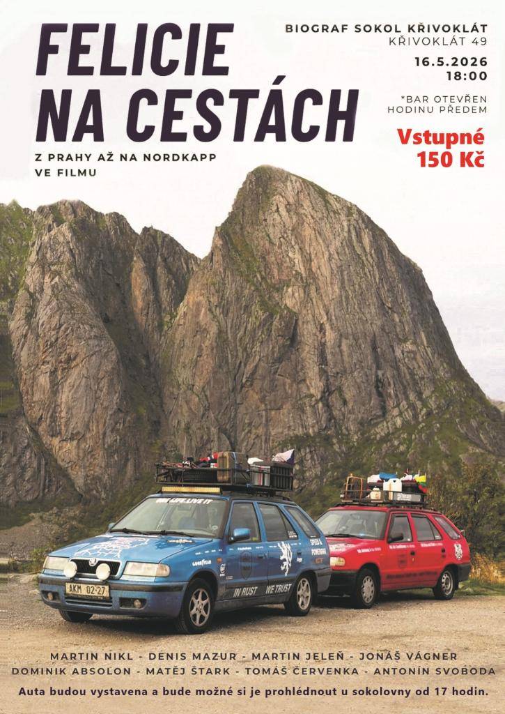 Pozvánka do kina v Křivoklátě na dokumentární film "Felicie na cestách". Sobota 16. května 2026 od 18.00h.