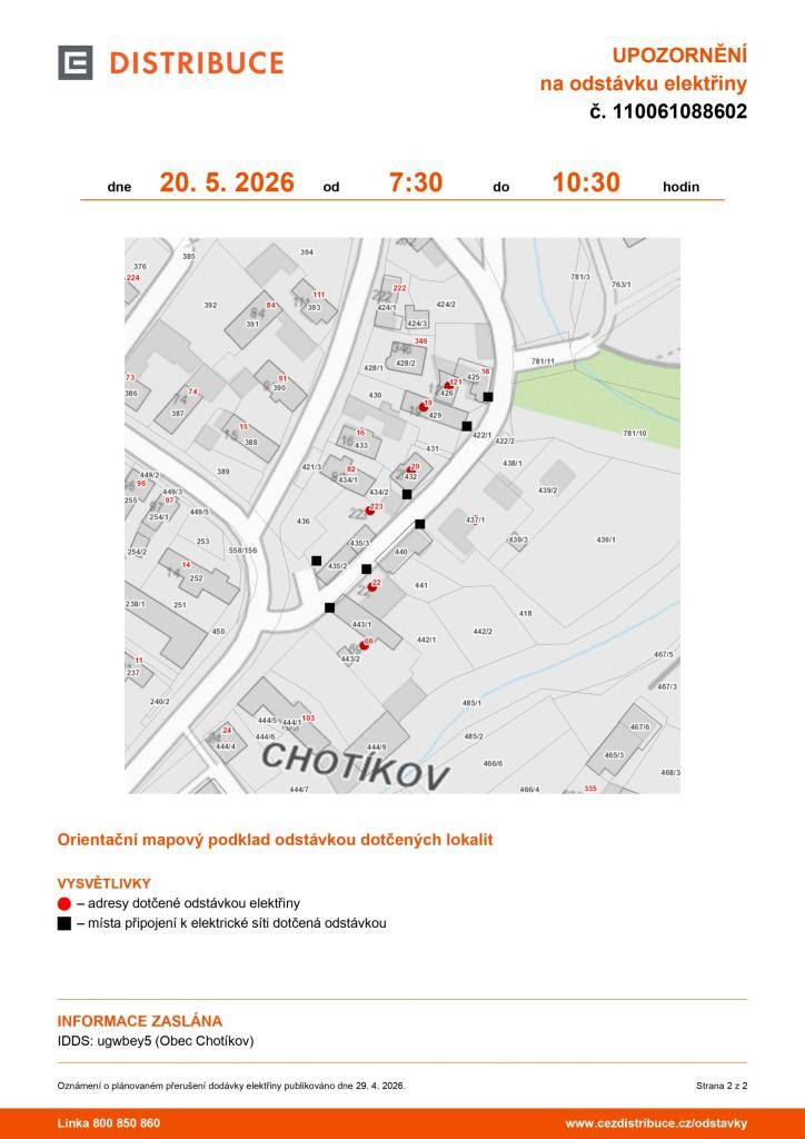 Společnost ČEZ Distribuce nás informovala o plánovaném přerušení dodávky elektrické energie, které se dotkne naší obce.