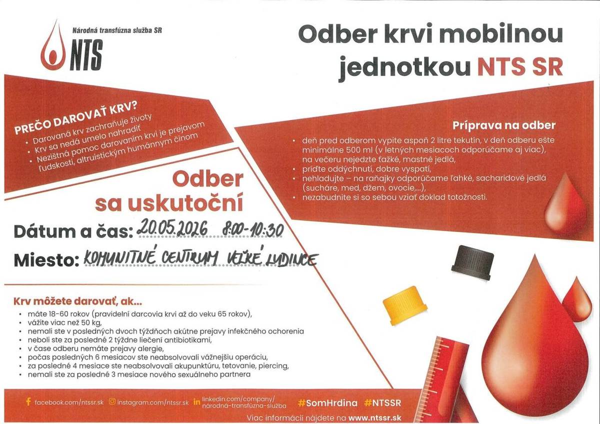 DAROVANIE KRVI  Komunitné centrum Veľké Ludince  20.mája 2026 /v čase 8.00 - 10:30