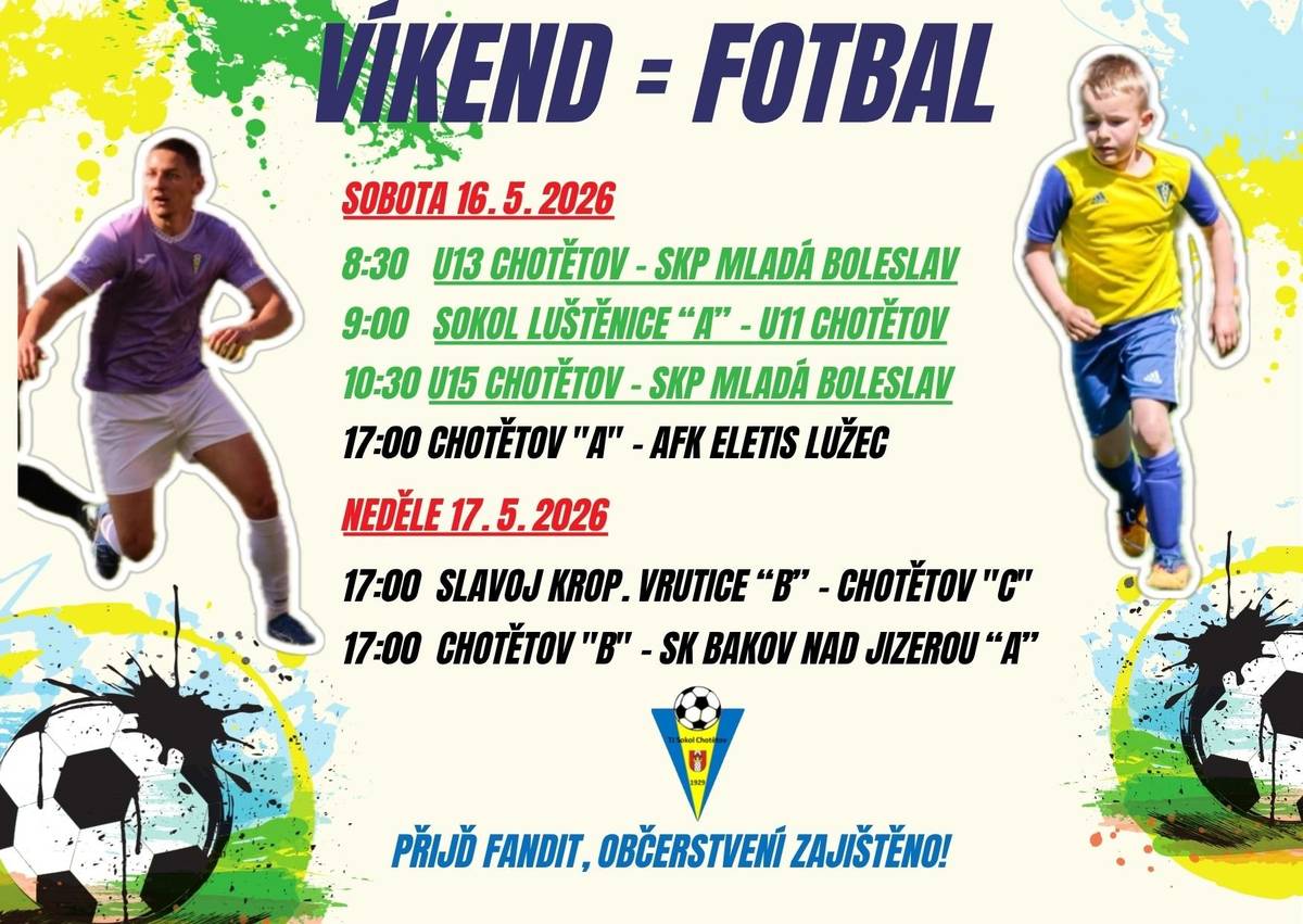⚽ Přehled víkendových utkání TJ Sokol Chotětov ⚽. Všichni jste srdečně zváni 🤗!