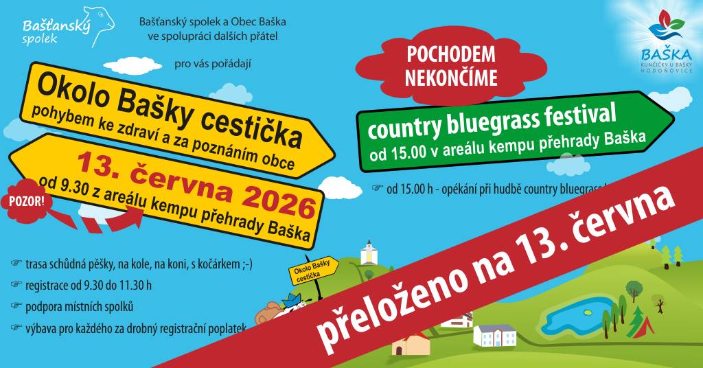 Z důvodu velmi nepříznivého počasí jsou plánované víkendové akce přeloženy do náhradních termínů - Plackové hody na 30. 5. a Okolo Bašky cestička s Country festivalem na 13. 6. 2026. Děkujeme za pochopení. Budeme se těšit na Vás v náhradních termínech.
