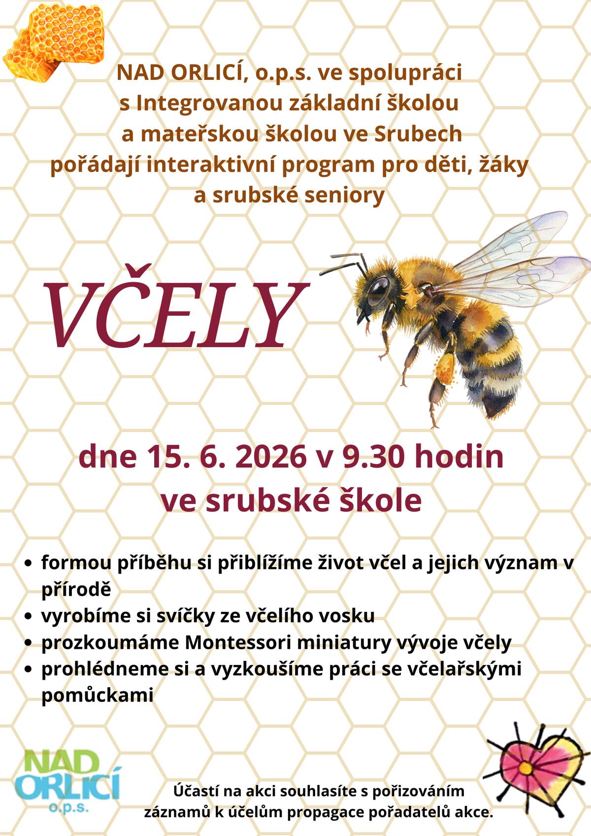 Škola ve Srubech pořádají ve spolupráci s NAD ORLICÍ, o.p.s. pořádají  ve srubské škole dne 15.6.2026 v 9.30 hod. interaktivní program pro děti, žáky a srubské seniory. Rodiče s mimoškolními dětmi a senioři jste srdečně zváni!