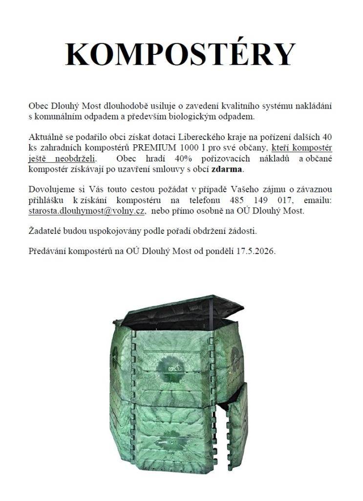 Od pondělí 18.5.2026 zahajujeme předání 40 kompostérů pro občany obce, kteří kompostér od obce dosud neobdrželi.