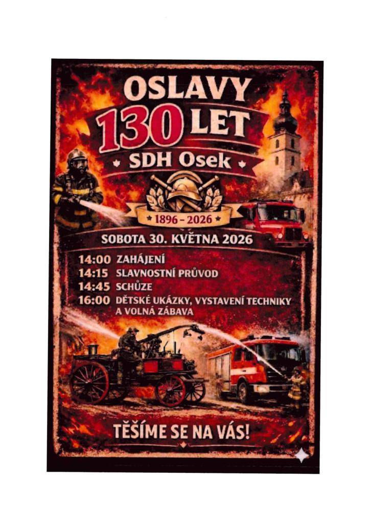 Oslavy 130 let SDH Osek - 30.5.2026 na hasičárně