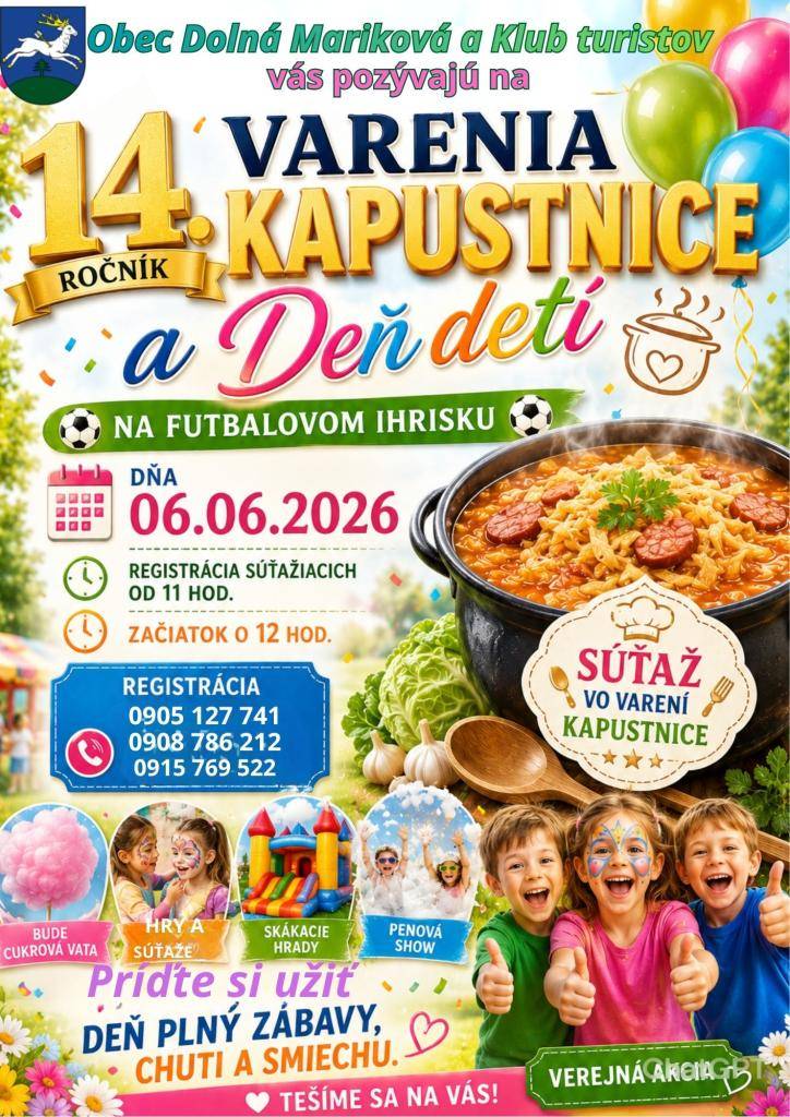Milí priatelia - deti, mládež aj dospelí, Vy všetci, ktorí sa radi zabávate a súťažíte, príďte prežiť spoločné popoludnie na futbalové ihrisko 6. júna 2026.
