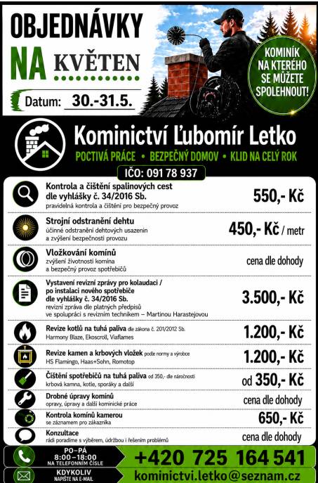 Dne 30.-31.5. bude v obci přítomen kominík. Bližší informace viz. leták.