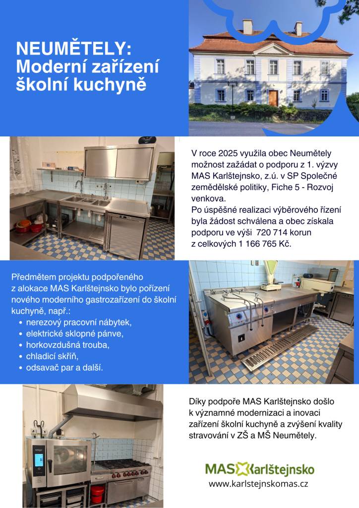 V rámci podpory MAS Karlštejnsko a SZIF obec Neumětely obnovila zařízení školní kuchyně ZŠ a MŠ Neumětely tak, aby odpovídalo přísným hygienickým předpisům.