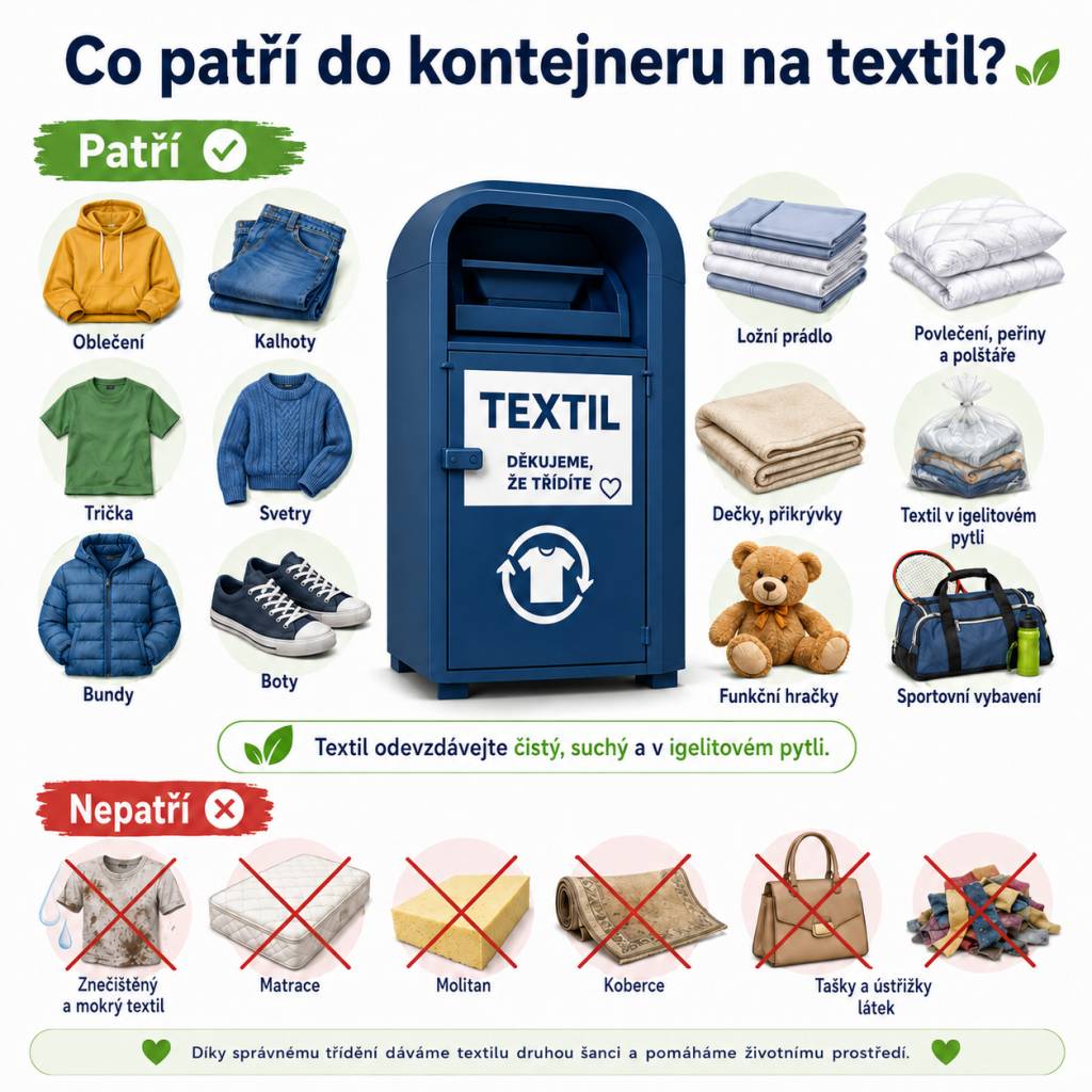 Do kontejneru na textil mohou občané odkládat zejména oblečení, obuv, bytový textil, funkční hračky, bundy, ložní prádlo, povlečení, kalhoty, trička, svetry, funkční sportovní vybavení, peřiny a další podobné věci.  Prosíme, aby byl veškerý materiál čistý, suchý a uložený v igelitovém pytli.