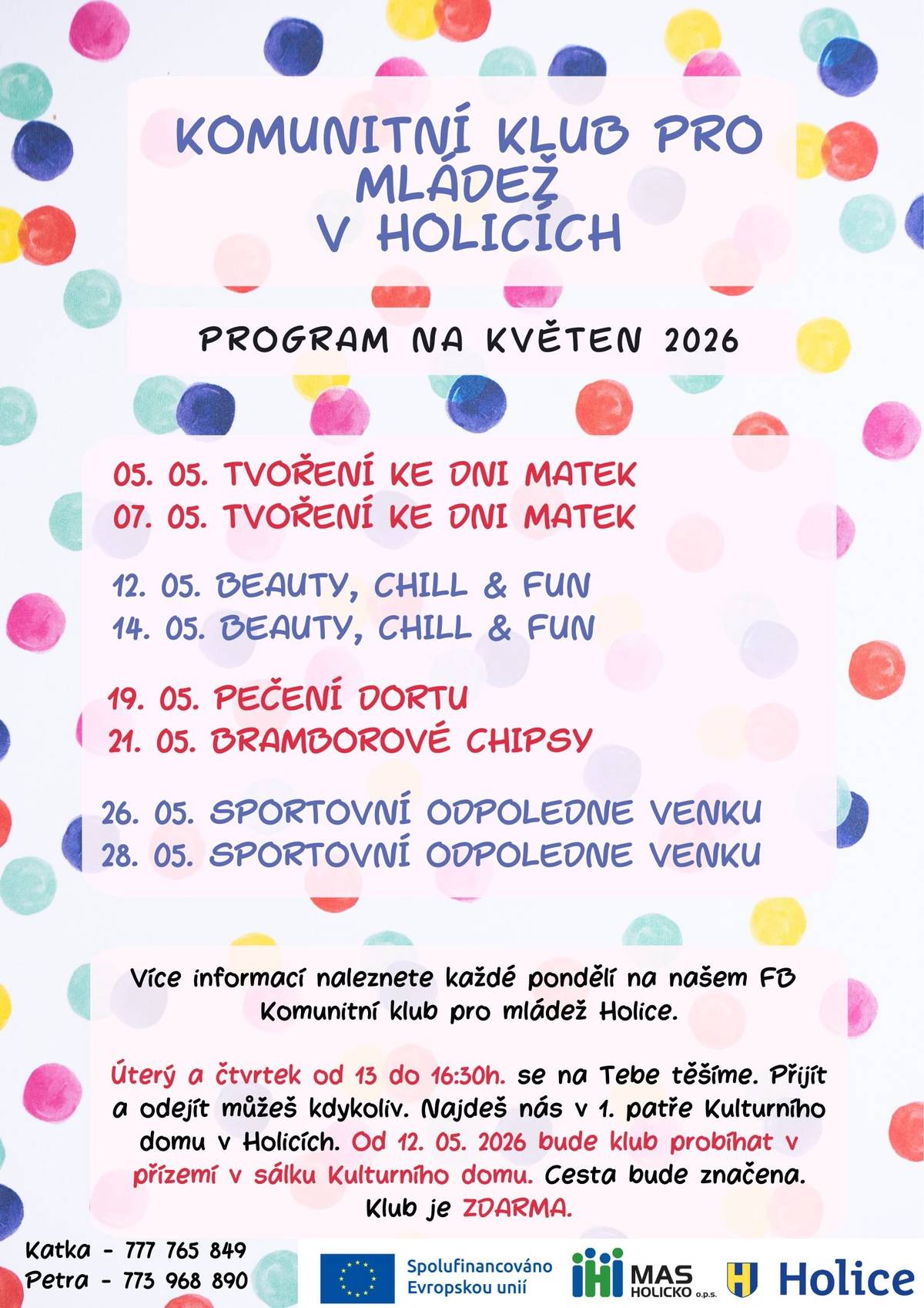 Vážení spoluobčané, přinášíme vám přehled akcí v Holicích a okolí na přístí dny: 14. května – Holice – Beauty, chill & fun – Komunitní klub pro mládež Holice 14. května – Holice – Vytvoř si svíčku – Artykadlo 15. května – Holice – Peotický večer – Městská knihovna Holice, Základní umělecká škola Karla Malicha Holice 15. května – Holice – Ladies night – Saunový ráj Holice 15. května – Chvojenec – Oslavy 160 let obce Chvojenec a 140 let Sboru dobrovolných hasičů – Obec Chvojenec 16. května – Holice – Pohár dvou výročí – Kultura pro město 16. května – Holice – Aromalampa – Artykadlo 16. května – Holice – Keramika koule – Artykadlo 16. května – Chvojenec – Havajská párty – Obec Chvojenec 17. května – Holice – Mozaika – Artykadlo 17. května – Holice – Vitráž – Artykadlo 17. května – Chvojenec – Fotbalové utkání Arabela vs. Stará garda Chvojenec – Obec Chvojenec 18. května – Holice – Dvě generace, dva orchestry, jedna Bašapa – Dechový orchestr Bašapa 18. května – Holice – AI pro rodiče – Rodinné a vzdělávací centrum Holoubek Holice 18. května – Holice – Jarní tvoření z přírodnin – Rodinné a vzdělávací centrum Holoubek Holice 19. května – Holice – Pečení dortu – Komunitní klub pro mládež Holice 19. a 20. května – Holice – Květ – Gymnázium Dr. Emila Holuba Holice