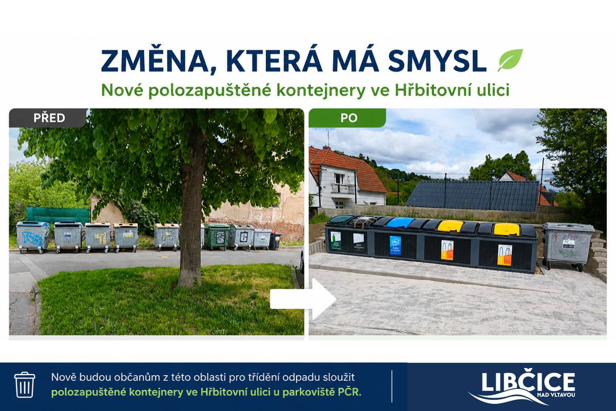 Občané již mohou využívat nově vybudované polozapuštěné kontejnery ve Hřbitovní ulici u parkoviště policie. Moderní, funkční a vzhledné řešení přinese nejen větší komfort při třídění odpadu, ale také výrazně lepší vzhled celé lokality.      Do nových kontejnerů lze třídit běžné složky odpadu. Pouze kontejner na kov zatím není možné vyvážet v polozapuštěné variantě, a proto je pro plechovky stále připravena klasická šedá popelnice umístěná vedle stanoviště. V nejbližší době bude na místo doplněna také nádoba na použité oleje a tuky.     Současně budou postupně rušeny a odváženy stávající zašlé kontejnery u Černé hory. Náhrada za ně již nebude instalována, protože obyvatelům této oblasti sloužit právě tyto nové polozapuštěné kontejnery ve Hřbitovní ulici.