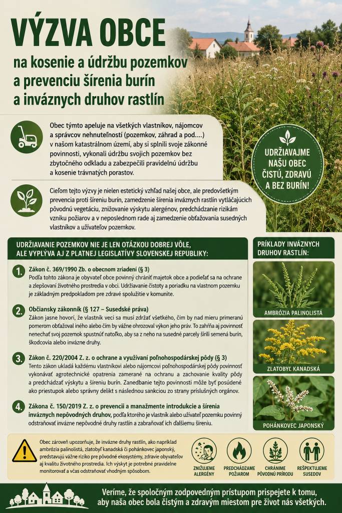 Výzva obce vlastníkom k údržbe zaburinených pozemkov