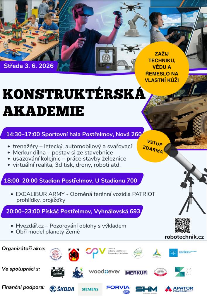 Ve středu 3. června se Postřelmov promění v živou dílnu plnou nápadů, strojů, tvoření a objevování. Konstruktérská akademie nabídne odpoledne i večer, během kterého si techniku, vědu i řemeslo nebudete jen prohlížet – ale opravdu si je vyzkoušíte.