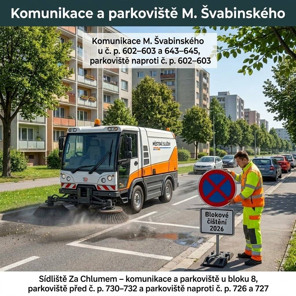 Vážení občané,   dovolujeme si Vás upozornit, že v pátek 15. května bude probíhat strojní blokové čištění v okolí Vašeho bydliště, konkrétně v těchto lokalitách:    🚧 Komunikace M. Švabinského u č. p. 602–603 a 643–645 a parkoviště naproti č. p. 602–603 🚧Sídliště Za Chlumem – komunikace a parkoviště u bloku 8, parkoviště před č. p. 730–732 a parkoviště naproti č. p. 726 a 727 🚗❌ Žádáme všechny řidiče, aby v uvedených termínech respektovali přechodné dopravní značení a neparkovali v místech, kde bude blokové čištění probíhat. 🙏 Děkujeme za pochopení, ohleduplnost a spolupráci.