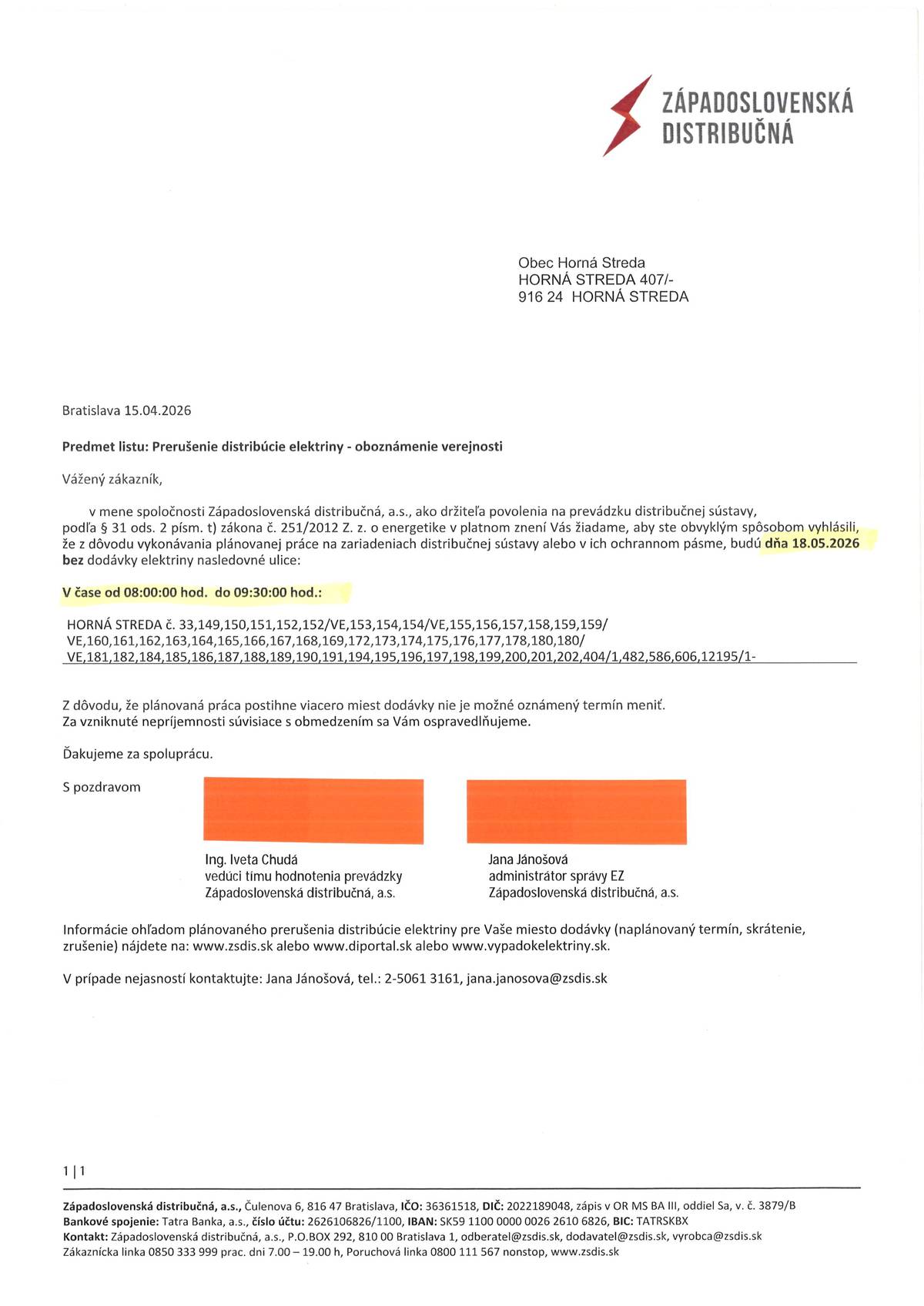 Prerušenie distribúcie elektriny dňa 18.05.2026