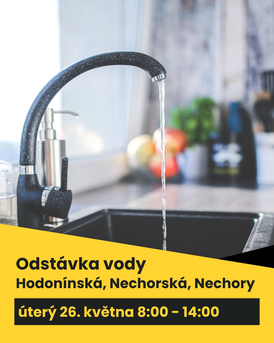 Vodovody a kanalizace Hodonín, a.s. oznamují, že v úterý 26. 5. 2026 v době od 8 do 14 hodin bude z důvodu plánované opravy přerušena dodávka pitné vody z veřejného vodovodu v ulici Hodonínská (severní strana od ul. Hlavní po ul. Nechorská), ulice Nechorská a celá lokalita sklepů v Nechorech. Připravte si prosíme zásobu vody po dobu odstávky. Předpokládaný čas zprovoznění se může změnit. Náhradní zdroj – hydrant bude připraven na ul. Hlavní u č. 504 .