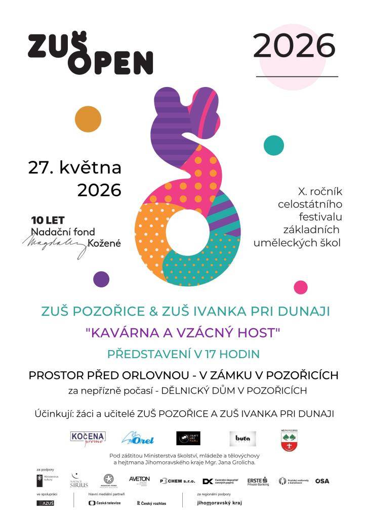 Dne 27. května 2026 se v Pozořicích uskuteční X. ročník celostátního festivalu základních uměleckých škol. Akce začne v 17 hodin a představí žáky a učitele ZUŠ Pozořice a ZUŠ Ivanka pri Dunaji.